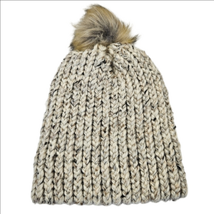 NWT Hand Knit Winter Hat with Faux Fur Pom Pom